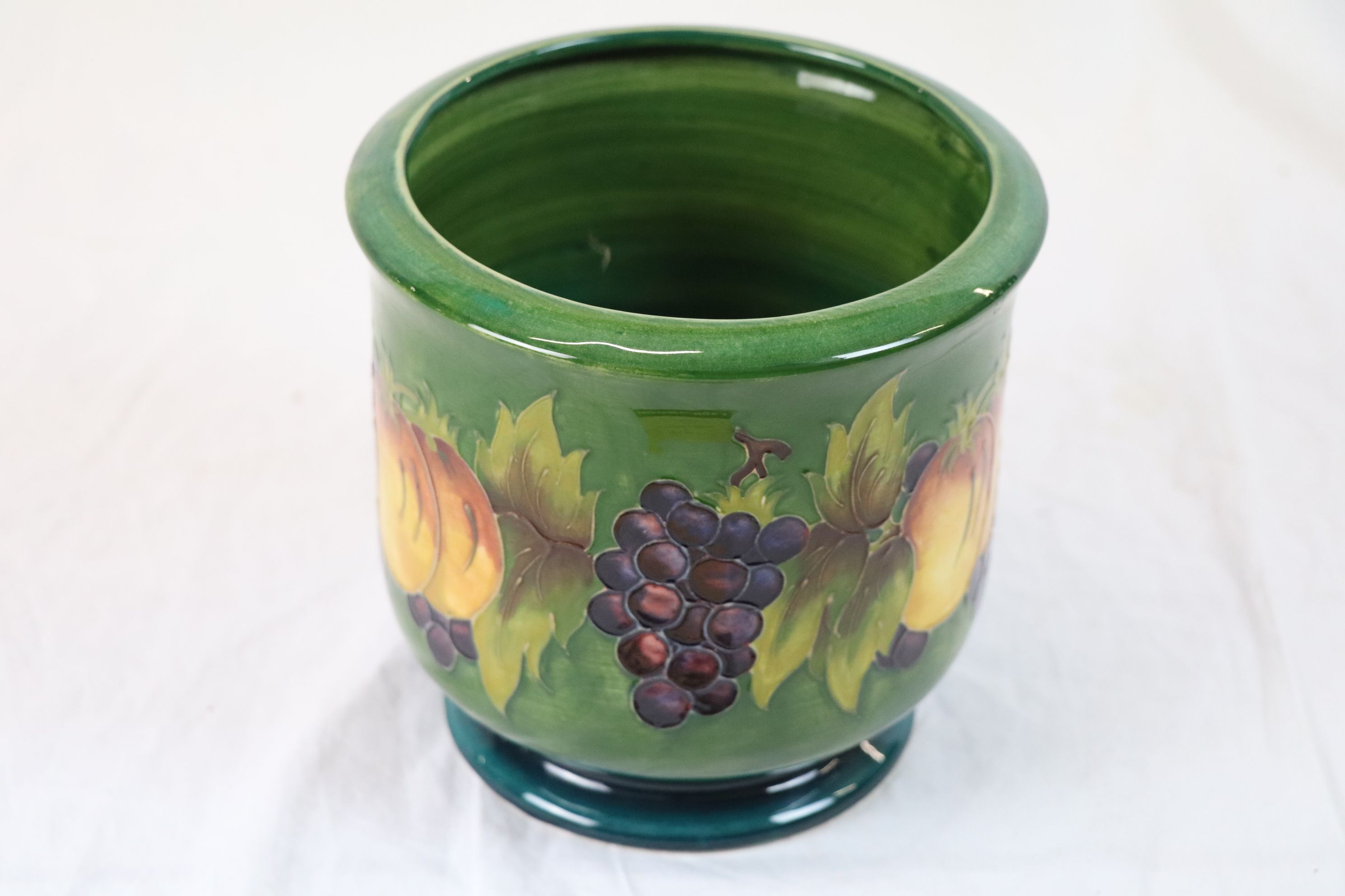 Moorcroft Fruit and Vine pattern limited edition jardiniere, green ground with apple and grape - Image 3 of 6