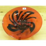 Studio glass large red and black bowl, red ground with black scribble design, wide flared rim,