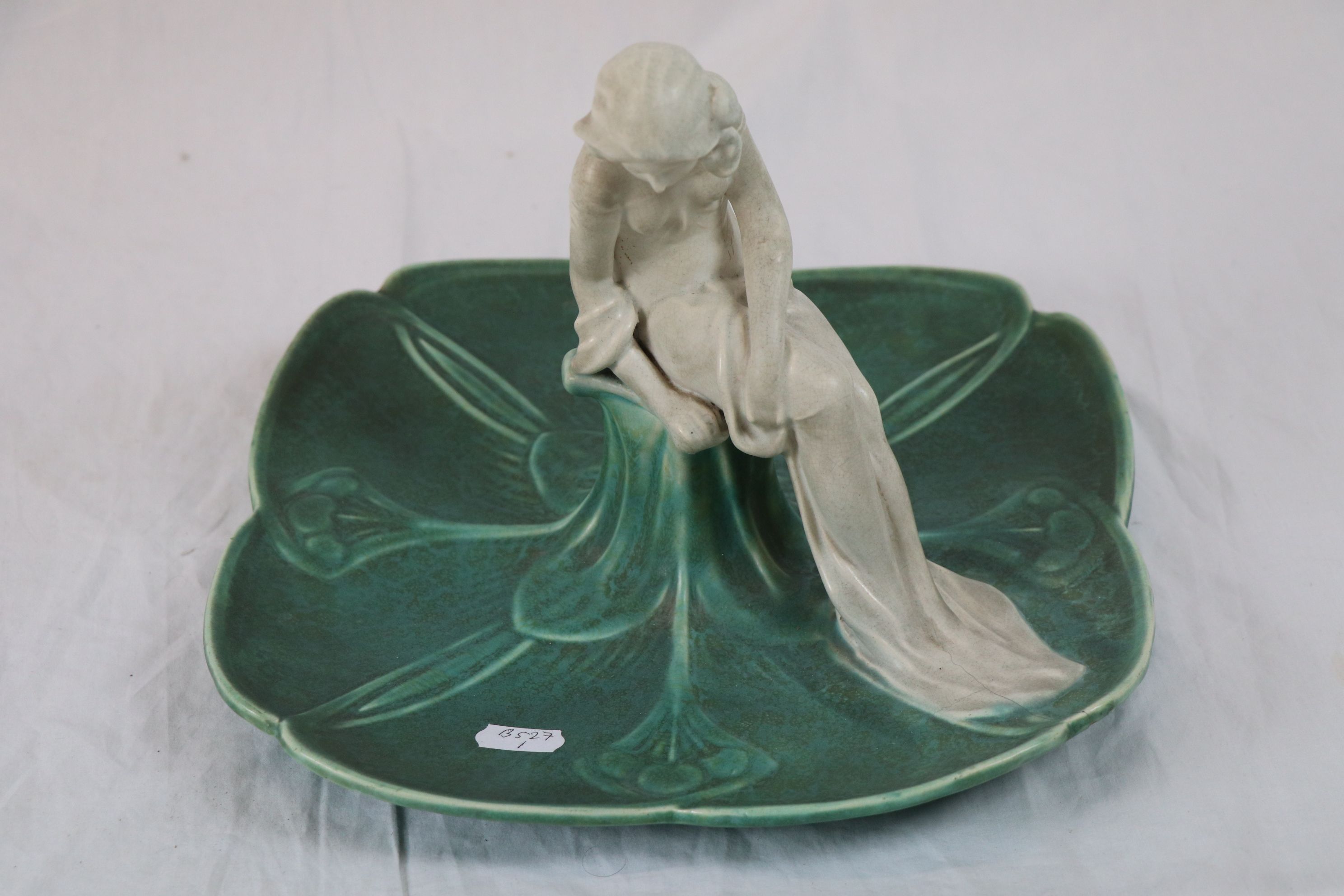 Bretby Art Nouveau table centrepiece of square form depicting a maiden sat in the centre of lily - Image 4 of 7