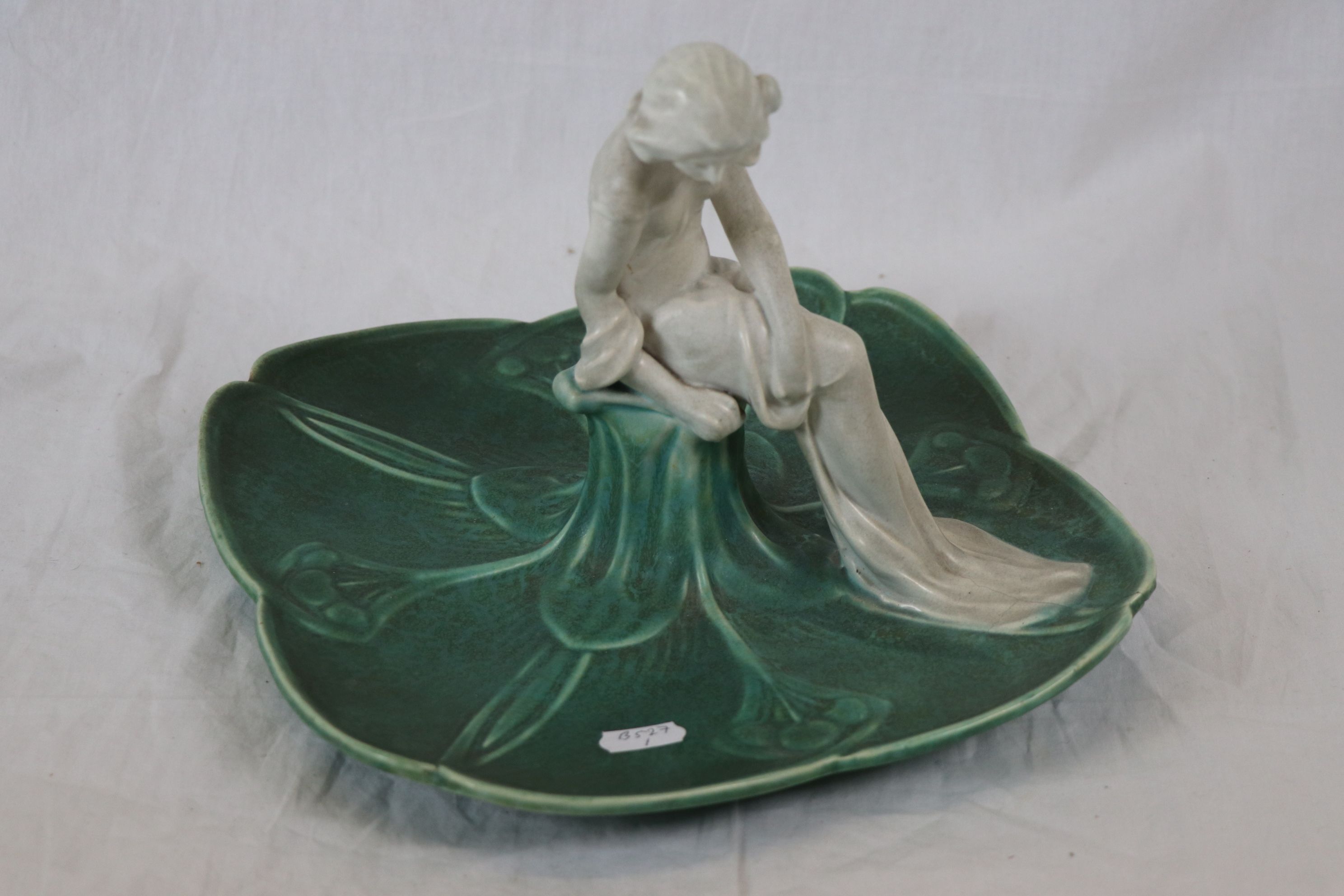 Bretby Art Nouveau table centrepiece of square form depicting a maiden sat in the centre of lily