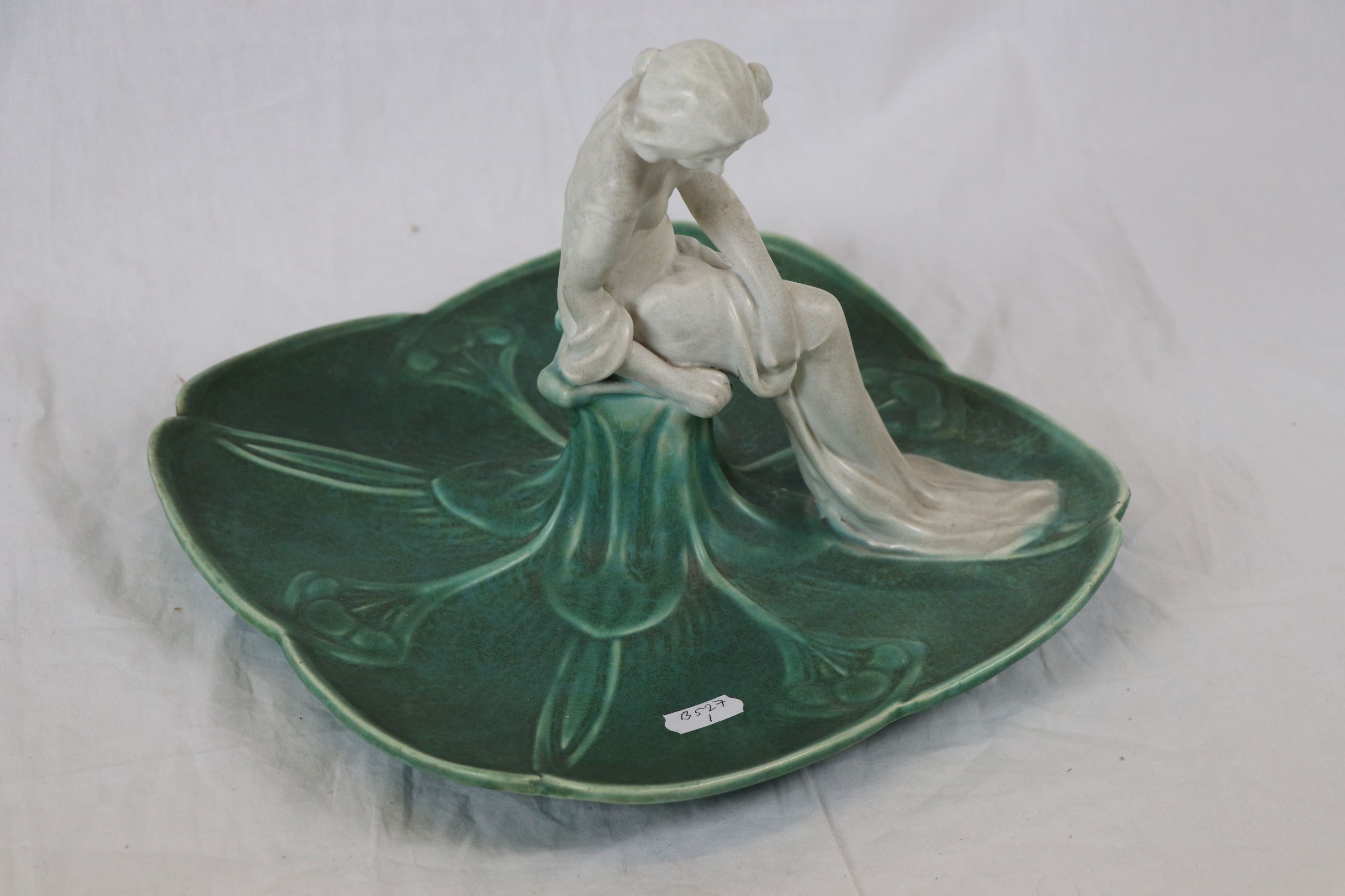 Bretby Art Nouveau table centrepiece of square form depicting a maiden sat in the centre of lily - Image 2 of 7