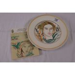 Olive Bourne for Poole Pottery dish depicting angular female face with short blonde hair, green