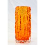 Geoffrey Baxter for Whitefriars tangerine large bark vase, textured cylindrical form, pattern number