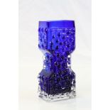 Blue art glass dimple vase in the style of Whitefriars, waisted hourglass form, height approximately