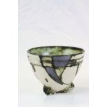 Studio pottery bowl, purple, green and cream decoration, the textured matt and glazed body with
