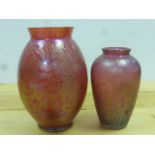 Royal Brierley Studio glass vase of bulbous form with flared neck. red ground with iridescent