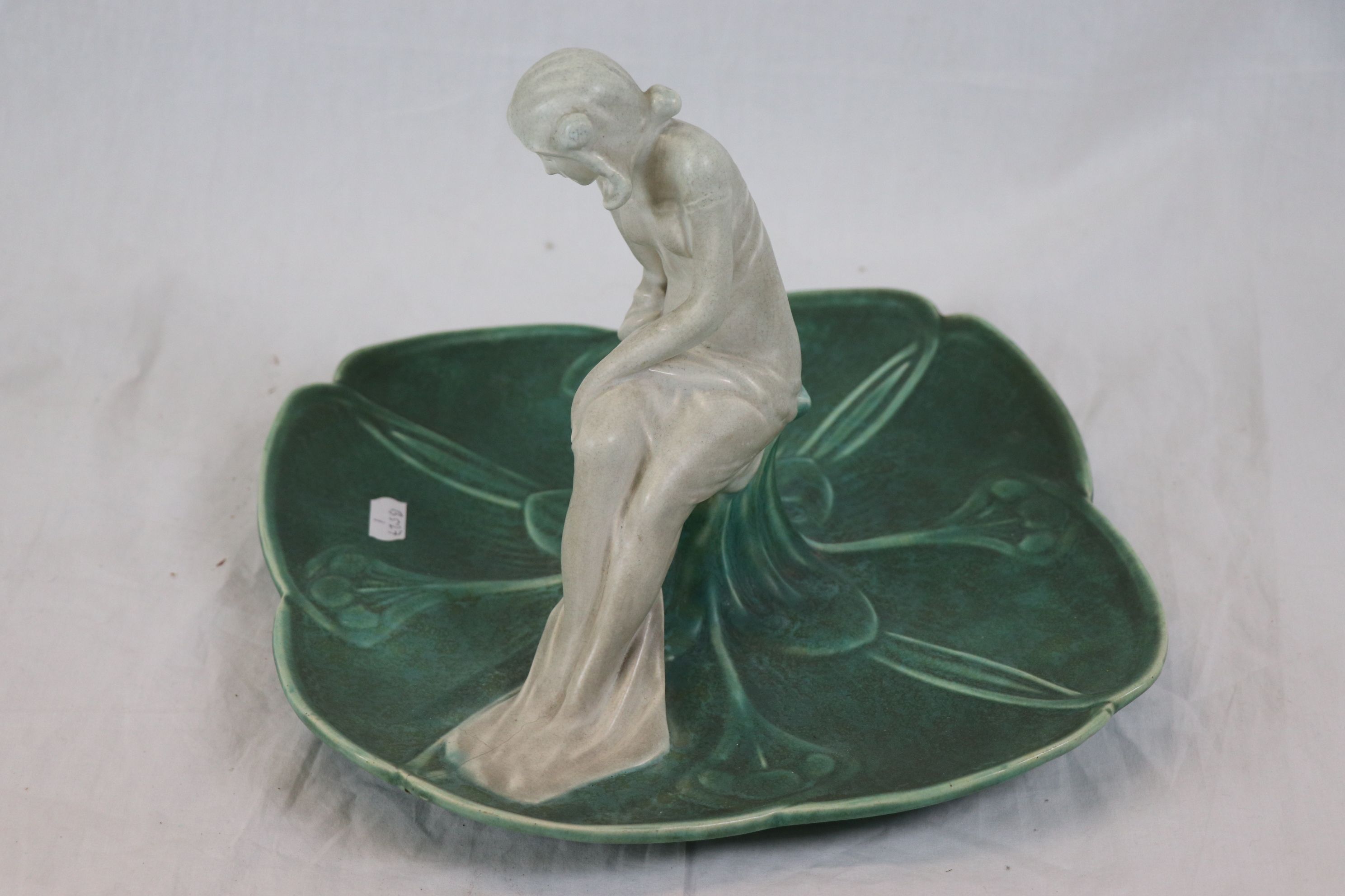 Bretby Art Nouveau table centrepiece of square form depicting a maiden sat in the centre of lily - Image 3 of 7