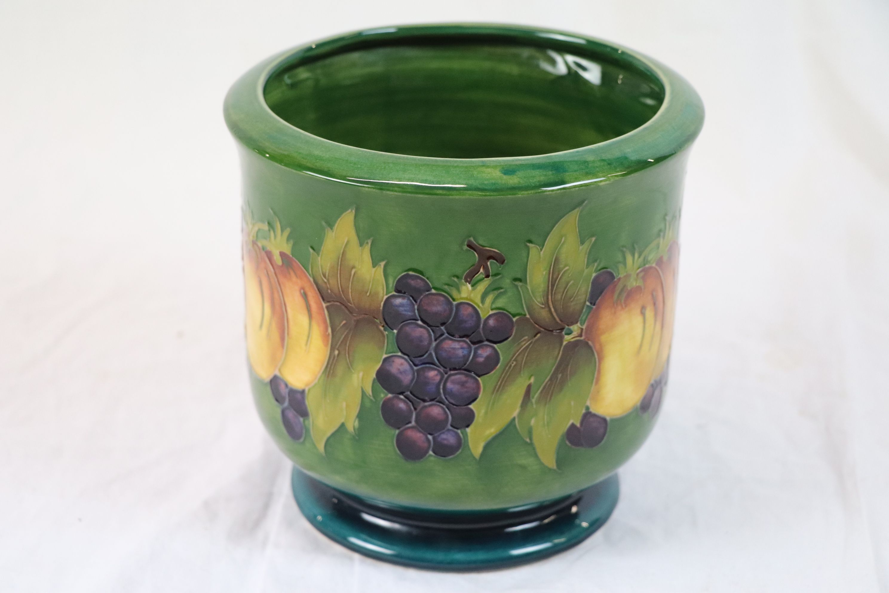 Moorcroft Fruit and Vine pattern limited edition jardiniere, green ground with apple and grape - Image 2 of 6