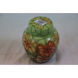 Moorcroft Collectors Club ginger jar, Nasturtium pattern desgined by Sally Tuffin, green ground with