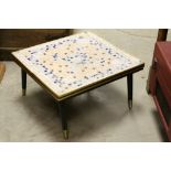 Retro Square Coffee Table with Tiled Top and ebonised legs with brass covers