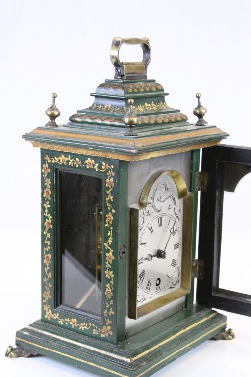 Key wind painted Wooden Mantle clock with glazed panels, the movement marked "Lenzkirch A.G.U" - Image 3 of 7