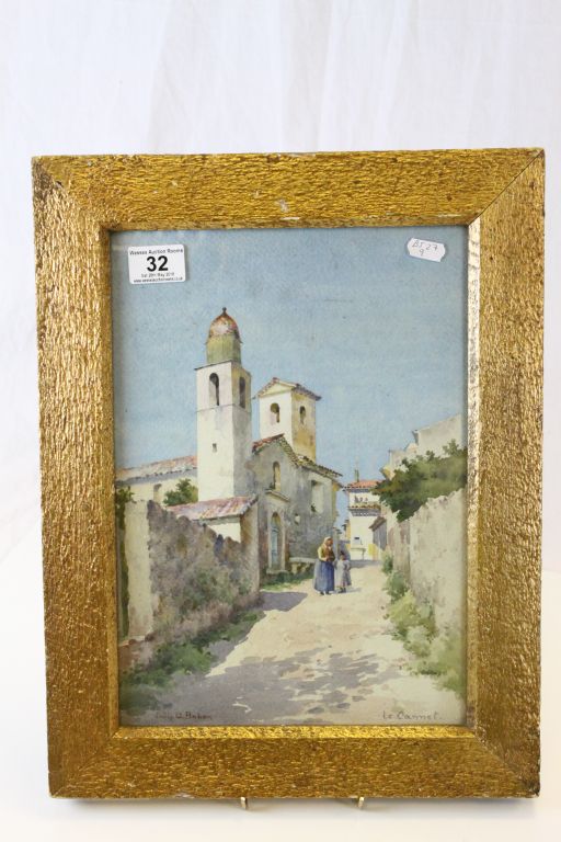 Emily W. Baker watercolour of street scene with figures signed and titled Le Cannet