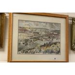 A framed and glazed watercolour of an industrial scene, depicting construction of a bridge. signed