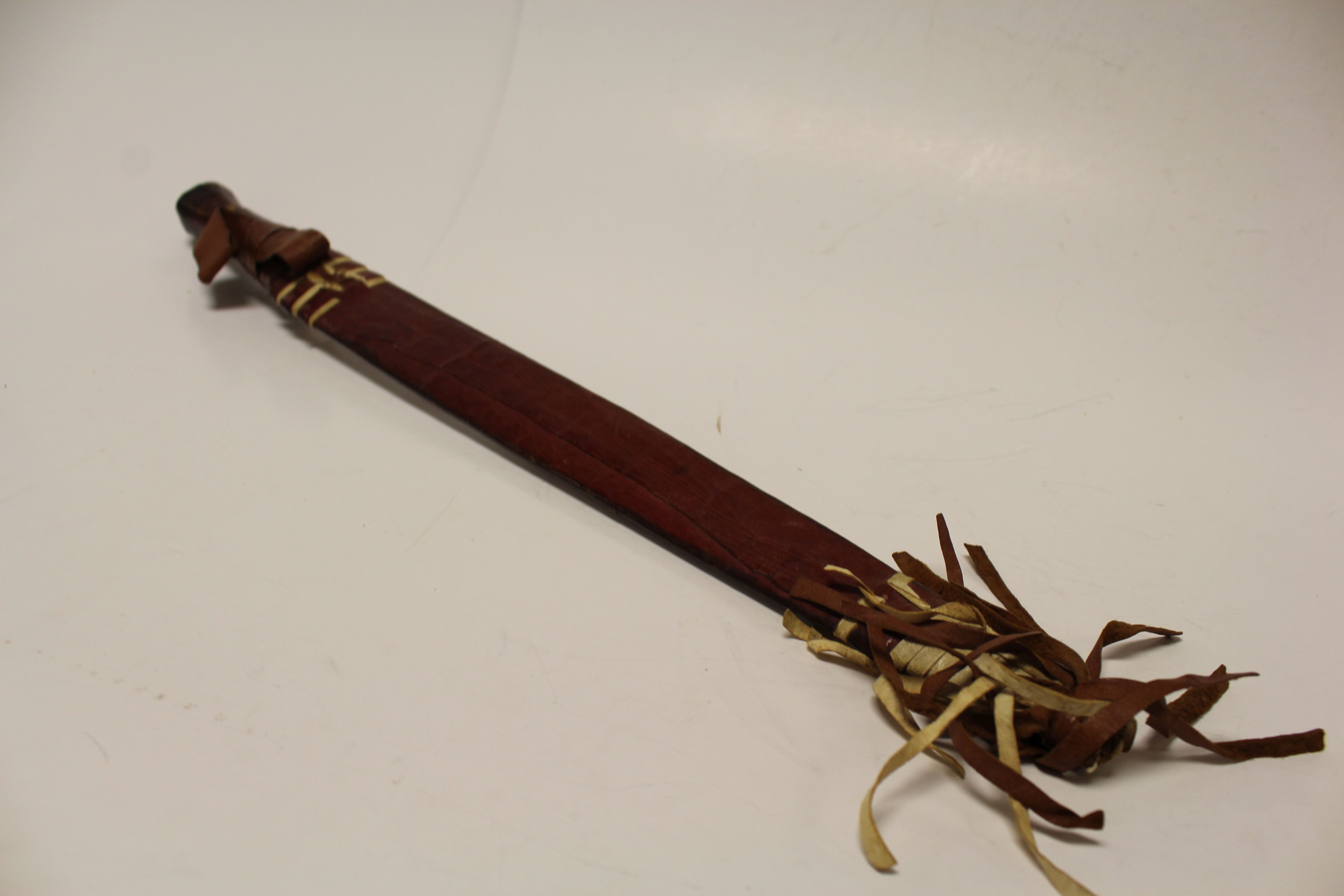 African tribal style decorative short sword with leather sheath and tassels, length approximately - Image 2 of 2