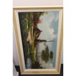 Two Framed Oils on Canvas, Windmill Scene and Cabin in Mountainous Landscape