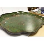 Large 19th century Green Lacquered Papier Mache Serving Tray with shaped border and decorated