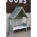 Green and White Painted Wooden Garden Arbour with Seat / Bench