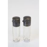 Pair of silver topped glass scent bottles with original glass stoppers, makers Sanders & Aquilar,