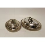 Silver Plated Three Piece Tea Service and Two Silver Plated Oval Tureens with Covers