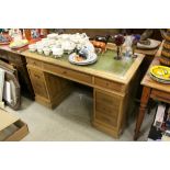 Late 19th / Early 20th century Pine Twin Pedestal Desk with Green Leather Inset Top