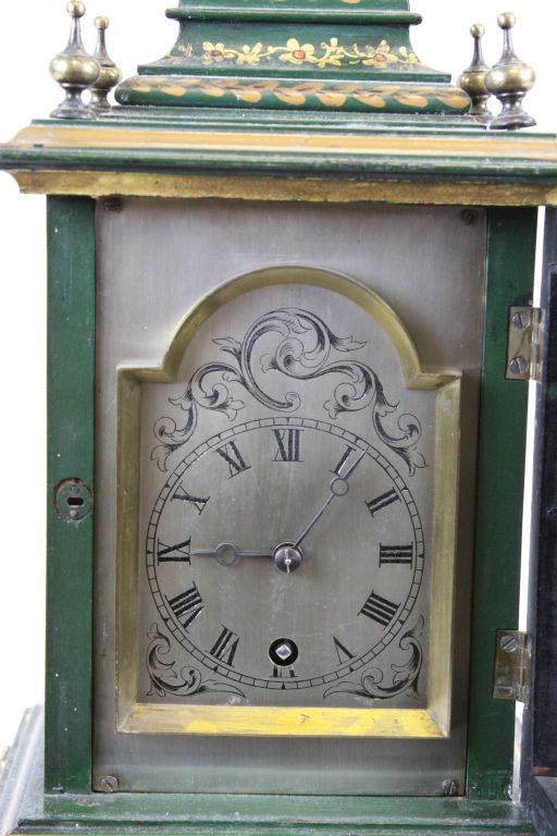 Key wind painted Wooden Mantle clock with glazed panels, the movement marked "Lenzkirch A.G.U" - Image 2 of 7