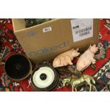 Mixed Lot of Collectables including Cased Surveying Aneroid Measure, Tie Press, Two Ceramic Pigs,