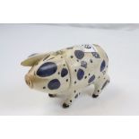 Rye Pottery pig with detachable head, blue and black splodge design, dimensions approximately 8cm by