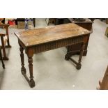 Victorian Pegged Oak Side Table with Thumbnail Carving to sides raised on turned supports and square