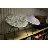 Two Retro Plastic Wicker Weave Bucket Chairs on Black Metal Atomic Frame