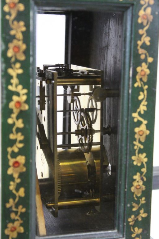 Key wind painted Wooden Mantle clock with glazed panels, the movement marked "Lenzkirch A.G.U" - Image 4 of 7