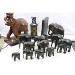 Carved wooden elephant lamp base and African fertility carving. plus herd of hand carved wooden