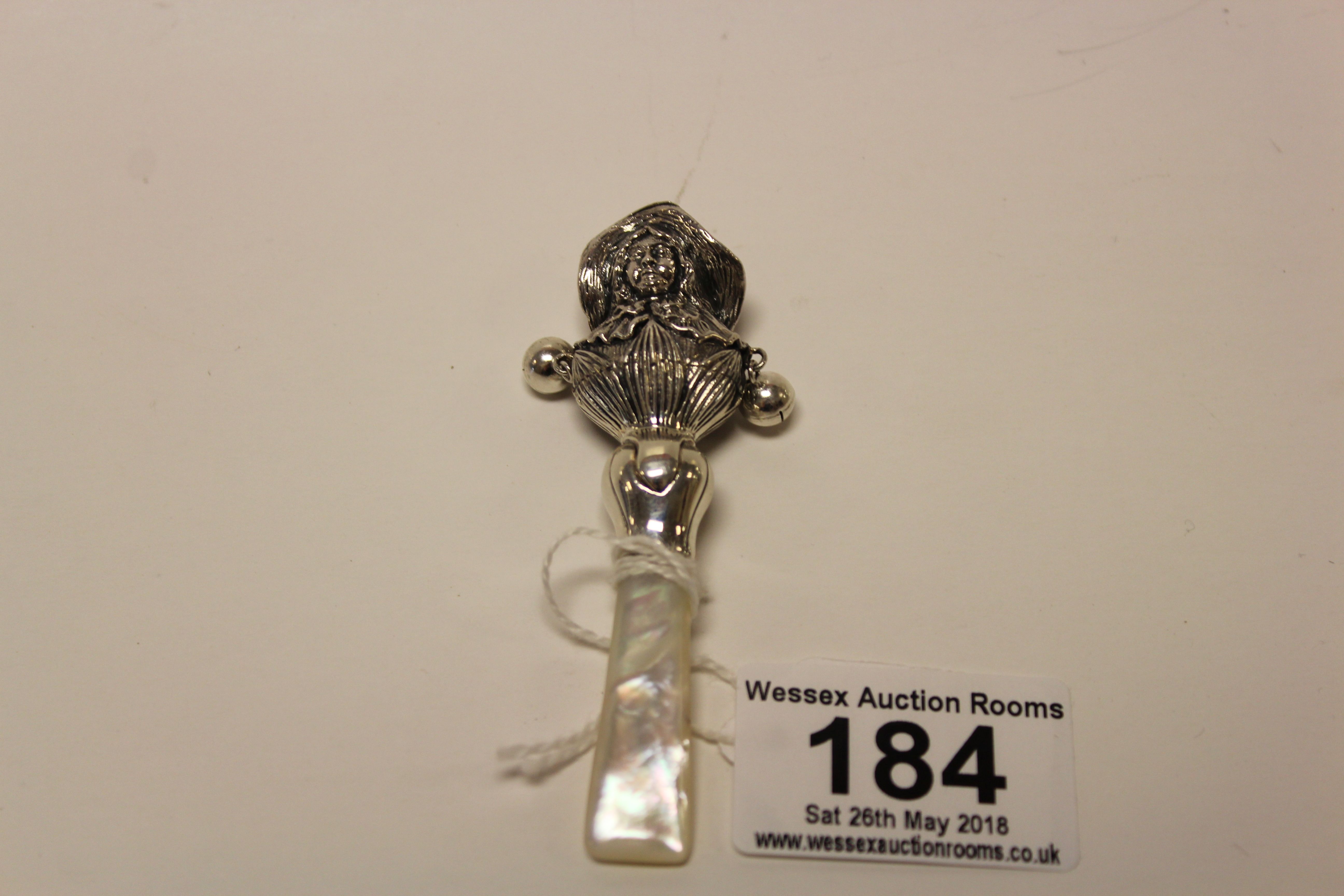 A silver babies rattle with mother of pearl handle. - Image 3 of 3
