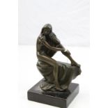 Milo, bronze figure of a seat nude woman with long flowing hair on marble base with JB Deposse