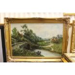 Gilt Framed Oil on Canvas depicting a Rural Scene of Farmers and Animals on Path signed E Hargreaves
