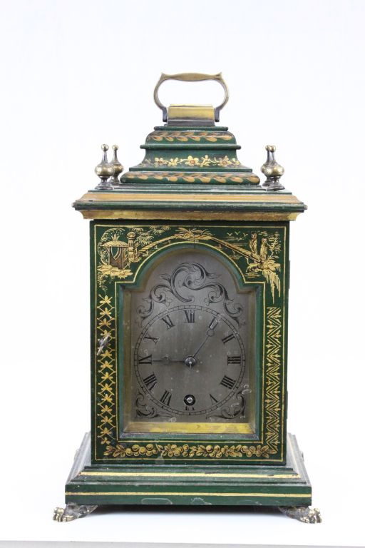 Key wind painted Wooden Mantle clock with glazed panels, the movement marked "Lenzkirch A.G.U"