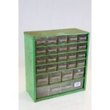 Vintage Industrial Green Metal Multi-Drawer Cabinet with Twenty Five Clear Drawers