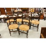 Set of Six Rustic French Oak Dining Chairs with Shaped Ladder Backs and String Seats