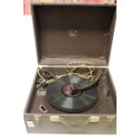 Vintage Trixette Portable Record Player together with Canvas and Leather Suitcase