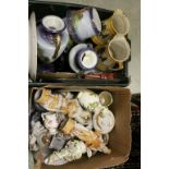 Two boxes of mixed vintage ceramics and metalware etc
