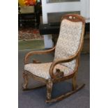 Late Victorian Rocking Chair with Carved Scroll Arms and Legs, button back upholstered back and