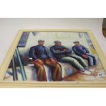 A studio framed oil painting of fishermen contemplating, signed.