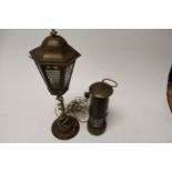 Brass Miner's Lamp together with a Brass Table Lamp in the form of a Street Light