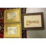 3 Water colours, 2 gilt frames, indistinctively signed, 1 signed A. Martin.