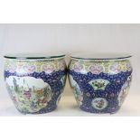 Large pair of vintage Chinese ceramic Fish bowls with glass tops and figurative panels to the sides