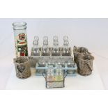 Three Bottle Sets on Stands, Three Wicker and Glass Candle Holders and a Glass Jar with Orient