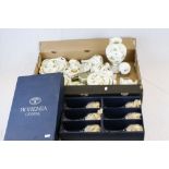 Tray of Wedgewood ceramics in Wild Strawberry pattern and a boxed set of six Bohemia crystal