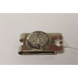 Sterling silver and abalone shell Mexican money clip, the central raised panel depicting eagle and