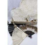 Box containing Five Fans including a Large Feather & Mother of Pearl Fan, Feather & Bone Fan,
