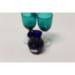 Set of six 19th Century Turquoise drinking glasses with clear stems and two small Bristol Blue glass