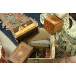 Collection of Eight Wooden Boxes including a Marquetry Inlaid Sorrento Puzzle Box with a scene of